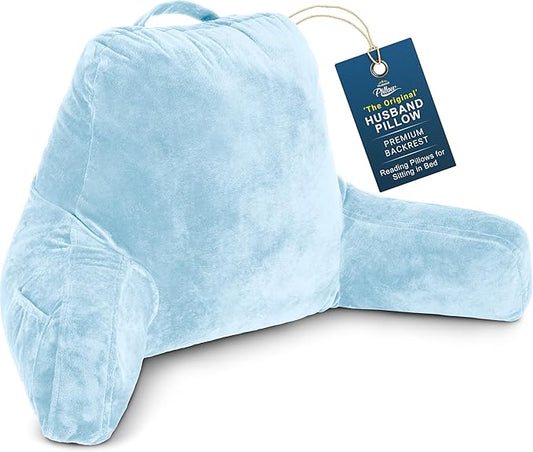 Husband Pillow Sky Blue, Original Reading Pillow in Bed Rest Chair, Shredded Memory Foam Large Lounge Cushion Adult Backrest with Arms, Comfy Back Support for Sit Sitting Up, Wash/Removable Cover