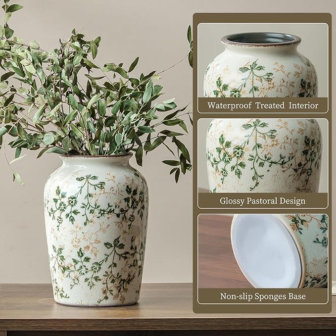 for Mom from Daughter or Son, Vintage Pastoral Green Round Ceramic Vase 7.8”, Ice Crack Chinoiserie Floral Vase, Rustic Decor for Living Room, Bookshelf, Office, Table Centerpiece