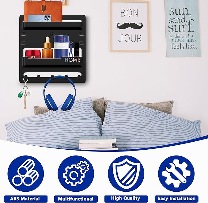Bedside Wall Mount Organizer,Bedside Wall Shelf Accessories Floating Shelves Stick On for Bedroom Storage Organization,Aesthetic Room Dorm Decor for Girls,Cute Stuff for Teens,5 Hooks-Black