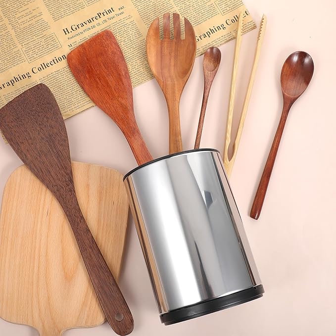 2 Pack 360° Rotating Stainless Steel Utensil Holder for Countertop, 4-Compartment Kitchen Organizer with Non-Slip Base, Large Capacity Spoon Fork Knife Crock for Cooking Tools Storage