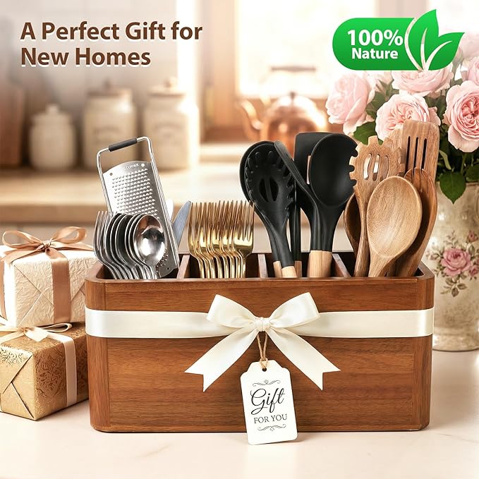 Kitchen Utensil Holder for Countertop, Extra Large Acacia Wood Utensil Organizer, 4-Compartment Storage for Cooking Utensils, Silverware and Cutlery