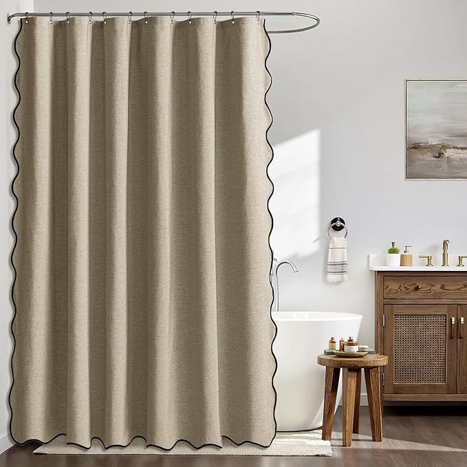 MIULEE Khaki Scalloped Shower Curtain Linen Textured with 12 Metal Hooks Cute Heavy Duty Washable Waterproof Thick Cloth Shower Curtains with Black Border for Bathroom Hotel Bathtub,W72*L72