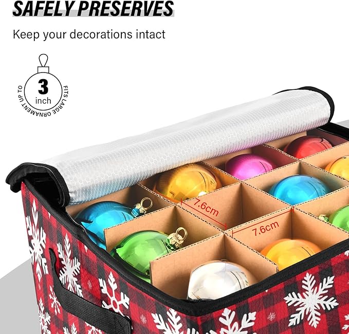Red Buffalo Plaid Christmas Ornament Storage Basket Box Snowflake Winter Holiday Storage Container Cube with Adjustable Dividers for 64 Holiday Ornaments Decorations Keeps Clean Dry for Next Season