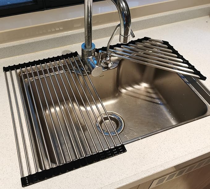 Ahyuan Corner Sink Dish Drainer over the Sink Dish Drying Rack Corner Dish Rack SUS304 Cubic Stainless Still Kitchen Sponge Holder Corner Sink Sponge Caddy Dish Rack (Matte Black)
