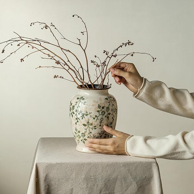 for Mom from Daughter or Son, Vintage Green & Beige Round Chinoiserie Ceramic Vase 8”, Ice Crack Floral Retro Decor for Living Room, Bookshelf, Office, Rustic Table Centerpiece