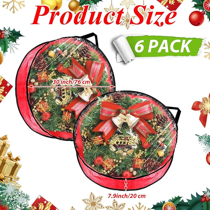 YAYODS 6 Pack Wreath Storage Container Bag 30 Inch Christmas Wreath Storage Bag Heavy Duty Christmas Wreath Boxes with Clear Window for Xmas Holiday Seasonal Wreath Garland(Red)