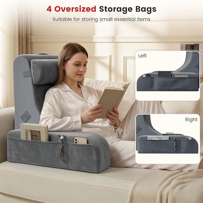 Homkdom Reading Pillow for Sitting in Bed Adult, 20" Back Pillow for Bed Sitting up with Armrests & Storage Pockets, Ergonomic Wedge Pillow for Watching TV, Gaming, Working, Recovery, 5PCS, Grey