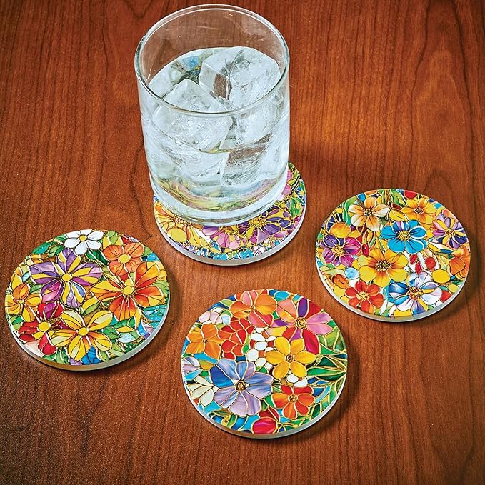Bits and Pieces Set of 4 Drink Coasters Stained Glass Look Ceramic Coasters with Cork Backing, Bright Flowers with Gold Accents - 3 1/2" Floral Coaster Set