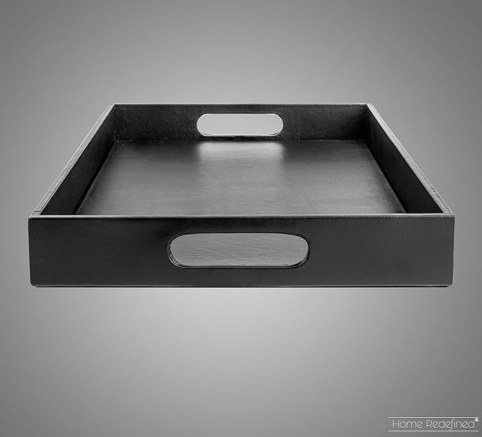 Home Redefined Beautiful Modern Elegant 17.5"x12" Rectangle Classic Black Faux Leather Decorative Tray Ottoman Coffee Table Perfume Living Room Kitchen Serving Tray with Handles for All Occasion's