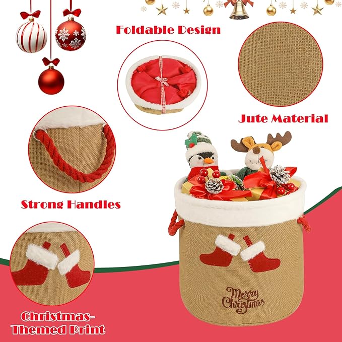 Christmas Bucket Xmas Buckets Jute Ornaments Storage Basket for Christmas Game Organizer Tin with Handles, Gift Basket Empty Decorative Kitchen Candy Bars for Xmas Winter Holidays Party Favors