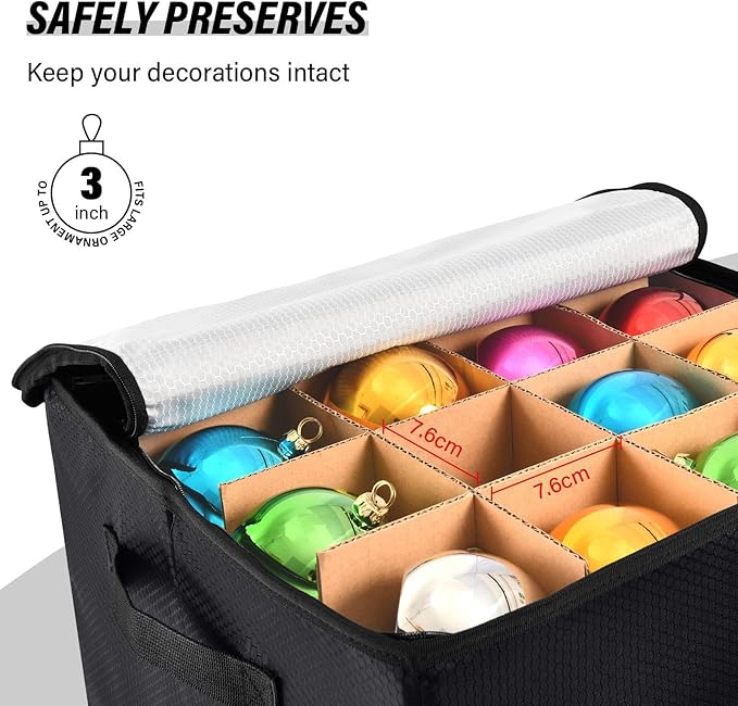 Black Christmas Ornament Storage Basket Box Holiday Storage Container Cube with Adjustable Dividers for 64 Holiday Ornaments or Decorations Keeps Clean and Dry for Next Season