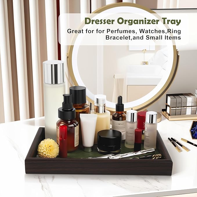 Zosenley Wooden Valet Tray with Leather Base - Nightstand Catchall Organizer for Cologne, Perfume, Keys, Wallet, Phone, Watch, Jewelry & Sunglasses (2Pcs Green)