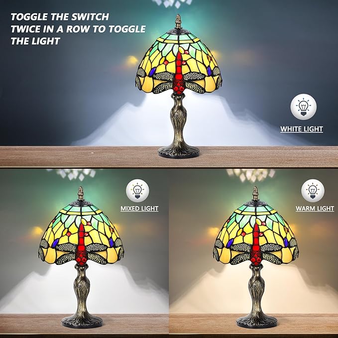 MIAOKE Stained Glass Table Lamp,Stained Glass Crystal Bead Style Table Light,Handmade Desk Bedside Night Light,Antique Art Craft Gifts Living Room Bedroom Bookcase(Green&White Dragonfly)