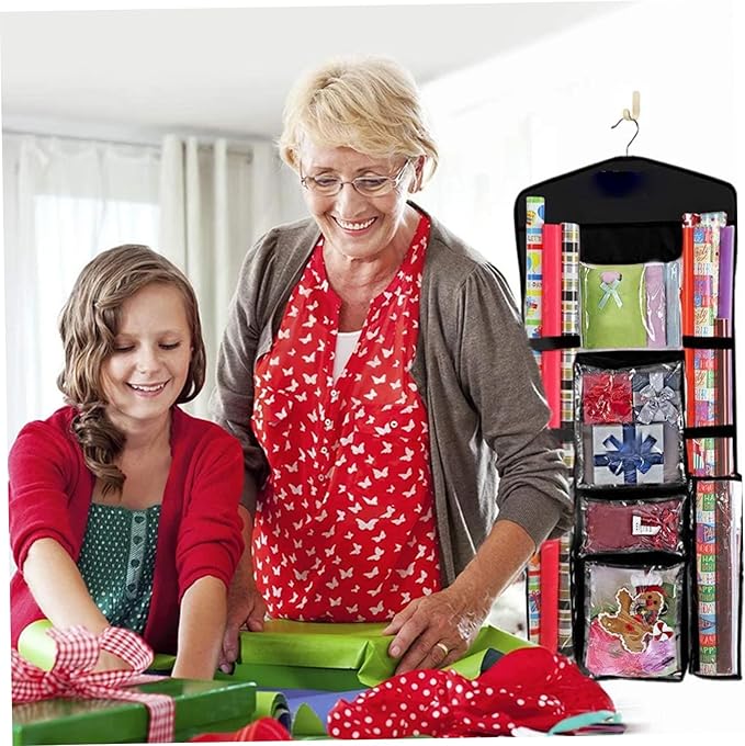Black Double Sided Hanging Wrapping Paper Storage, Wrapping Paper Storage Box, Over The Door Wrapping Paper Holder Wrapping Paper Storage Bag Gift Wrap Storage Bag for Closet, Door