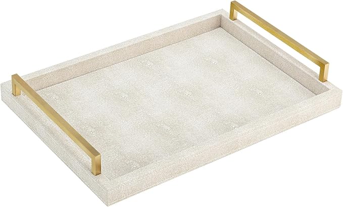 XIGEXIGE Ivory Shagreen Decorative Tray Large Rectangle Coffee Table Tray for Ottoman Faux Leather Serving Tray with Brushed Gold Handles