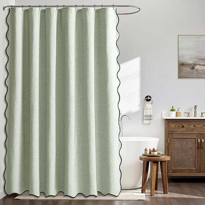 MIULEE 84" Long Scalloped Shower Curtain Linen Textured with 12 Metal Hooks Cute Extra Long Heavy Duty Washable Waterproof Cloth Spring Shower Curtains with Black Border for Bathroom Hotel,Sage Green