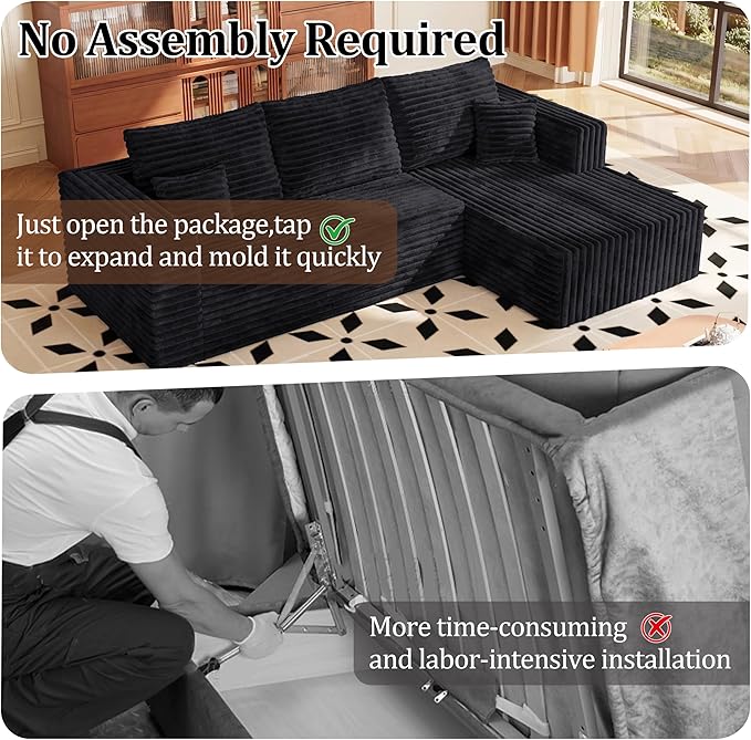 92.5" Cloud Sectional Couch with L-Shape Chaise, Modern Corduroy Boneless Couch for Living Room,Memory Foam Sofa with Deep Seat,No Assembly Required Washable Covers | Modern Corduroy, Boneless, Compressed in a Box, No Assembly Required