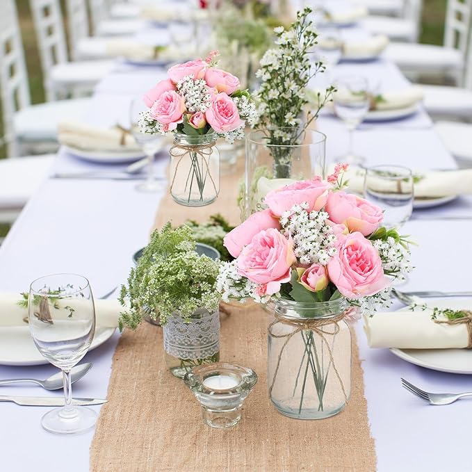 Zeyune Mason Jar Centerpiece Table Decorations, Artificial Peony Baby's Breath Flower Bouquets, Faux Flowers with Vase, Rustic Decor Gifts for Home, Wedding, Holiday(6 Sets,Coral Pink)