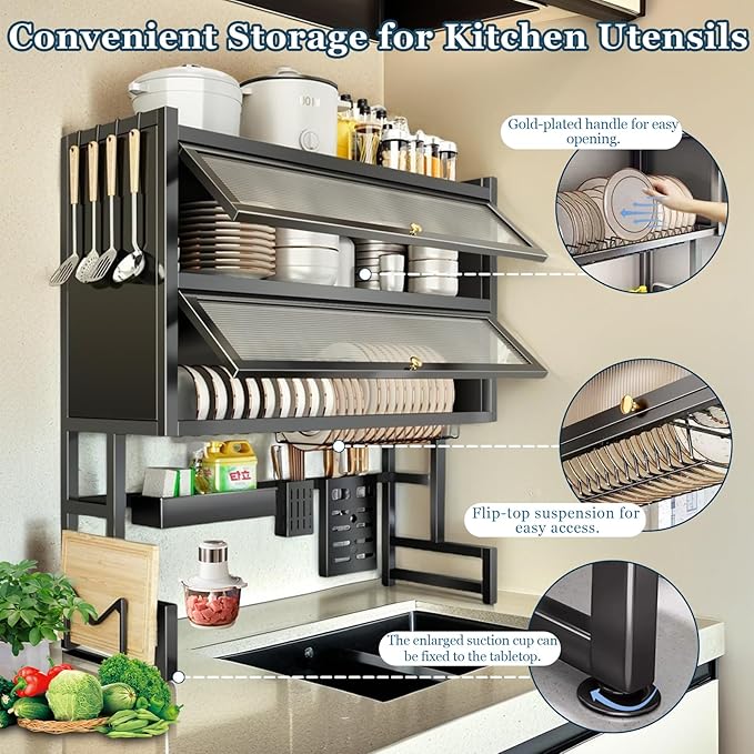 Dish Drying Rack 4 Tiers with Cover, Keep Kitchen Sink Shlef Organized Space-Saving, Large Drying Rack for Dishes, Glasses, Bowls, Cutlery Black (33.5‘’Double)