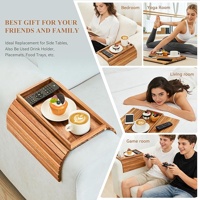 GEHE Acacia Wood Sofa Arm Tray, Foldable Couch Arm Tray Side Table, Anti-Falling Armrest Tables Cup Holder for Snacks, Drinks, Beers, Phone, Control, Flexible and Portable, Anti-Slip