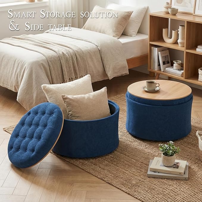 ONBRILL 25" Round Ottoman Coffee Table, Storage Ottoman with Lift-Off Lid, Multifunctional Foot Rest & Hidden Storage, Sturdy Steel Frame for Bedroom, Living Room, Corners, Apartment