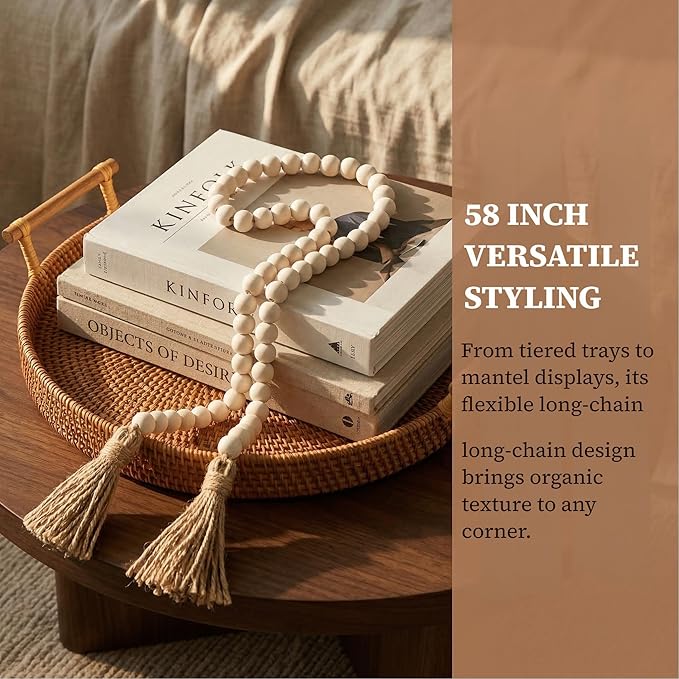 Farmhouse Beads 58in Wood Bead Boho Tassel Garland - Rustic Country Boho Chic Decor for Wall, Above Cabinet & Table