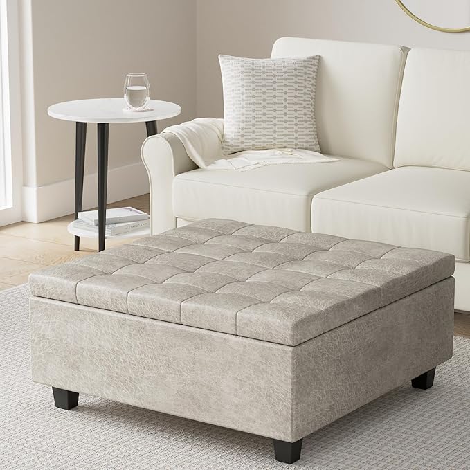 SIMPLIHOME Harrison Coffee Table Storage Ottoman - 36 inch Wide Upholstered Vegan Leather Square Lift-Top Ottoman in Distressed Grey Taupe, Transitional Ottoman for Living Room with Storage