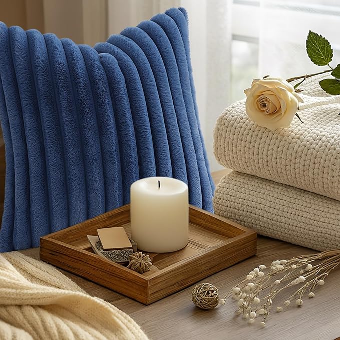 decorUhome Cozy Faux Fur Throw Pillow Covers 20x20 Set of 2 Decorative Soft Plush Striped Modern Farmhouse Boho Couch Pillow Cases with Velvet Back for Sofa Bed Living Room, Blue