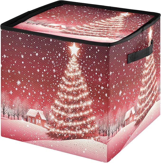 Red Christmas Tree Ornament Storage Basket Box Xmas Jingle Bells Winter Holiday Storage Container Cube with Adjustable Dividers for 64 Holiday Ornaments or Decorations Keeps Clean and Dry