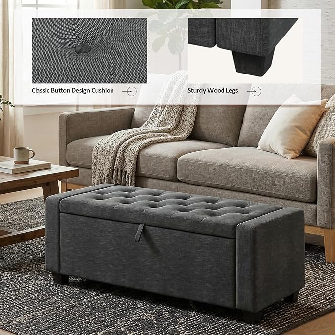 Storage Ottoman Bench, 50" End of Bed Bench with Legs,Storage Chest with Safety Hinge, Modern Entryway Benchs for Living Room, Bedroom, Entryway, Darkgray