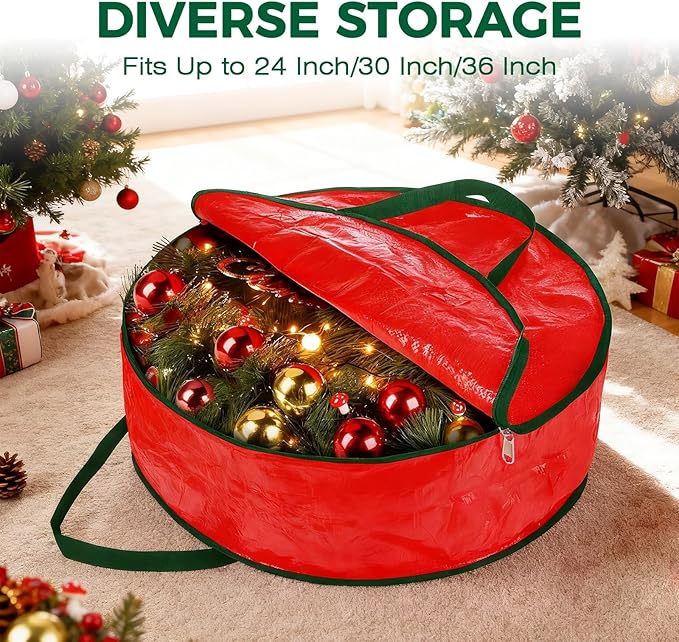 DeckTheHalls Christmas Wreath Storage Container, 2-PACK Waterproof Christmas Storage with Secure Zipper, Reinforced Carry Handles, Year-Round Protection for Christmas Garland & Holiday Decor (36 Inch)