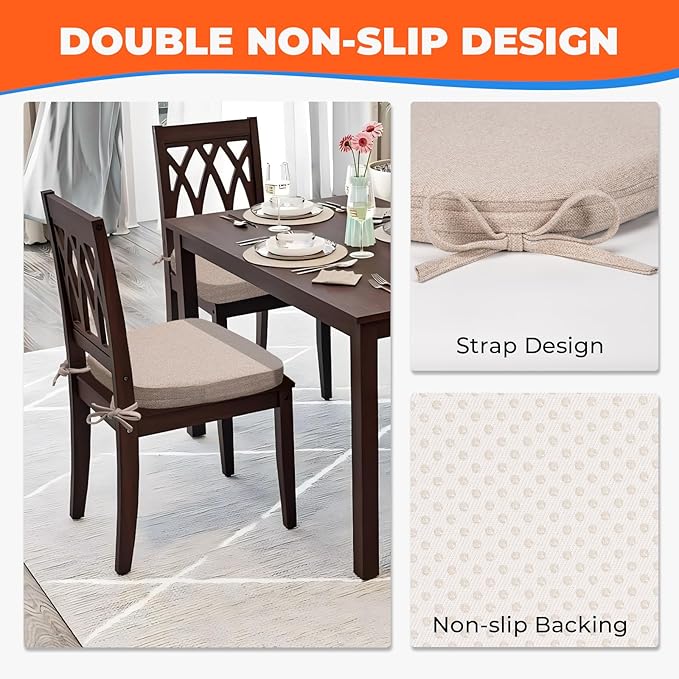 Sunsleek Chair Cushions for Dining Chairs, D-Shaped Seat Cushions with Removable Washable Cover and Ties, Chair Pads for Kitchen, Indoor Dining Room, Patio Chairs, 17'' x 16'', Set of 2, Khaki