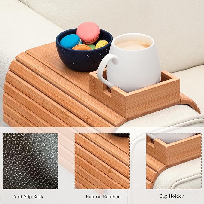 Sofa Arm Tray Table with Cup Holder, Bamboo Couch Armrest Organizer for Remote, Phone, Snacks, Foldable Non-Slip Couch Arm Table Fits Most Sofas, Couches and Recliners