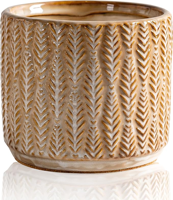 5.3-Inch Ceramic Utensil Crock Utensil Holder Countertop, Embossed Ceramic Storage Canister - with Non-Slip Cork Base, Rustic Farmhouse Multi-Purpose Desktop Organizer, Kitchen Decor(Wheat Brown)