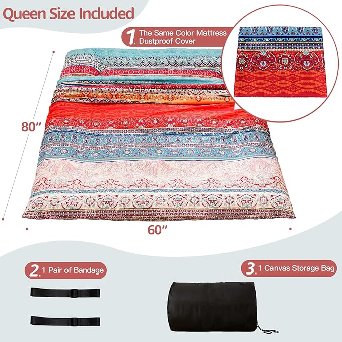 MAXYOYO Bohemian Retro Floor Mattress Vintage Floral Japanese Futon Mattress Roll Up Thicken Sleeping Mat Portable Camping Mattress Floor Lounger Couch Mattress Pad Queen Size
