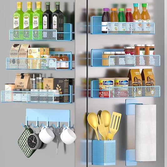 Magnetic Spice Rack for Refrigerator, 10 Pack Metal Magnetic Shelf, Moveable Spice Organizer with Hook Rack, Paper Towel Holder, Kitchenware Holder, Strong Magnetic Storage Fridge Organizer Blue