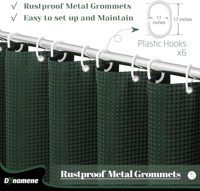 Dynamene Stall Fabric Shower Curtain - 36x72 Waffle Weave Weighted Cloth Shower Curtains for Bathroom, Neutral Heavy Duty Hotel Spa Luxury Bath Curtain Set with 6 Plastic Hooks, Dark Green