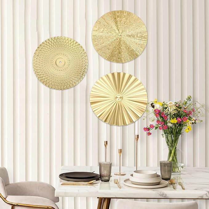 HOFURME 3 Pcs Gold Wall Art Decor, Gold Metal Wall Decor Starburst Round Wall-Hangings for Living Room, Bedroom & Office - Modern Golden Wall-Accents (9.64", 9.64", 9.84", Iron)