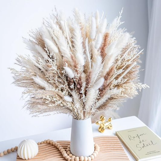 96PCS Natural Dried Pampas Grass Boho Home Decor Bouquet Phragmites Dried Flowers Bouquet for Wedding Floral Arrangements Living Room Decorations (96PCS)