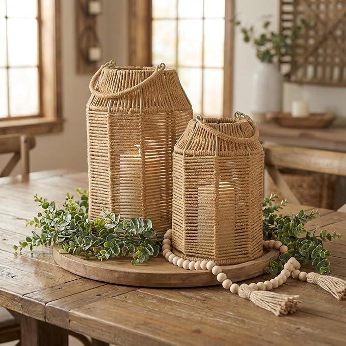 Natural Jute Boho Lanterns - Handcrafted Coffee Table Decor to Enhance Your Home - Modern Decorative Farmhouse Beauty for Living Room, Patio & Front Porch, Indoor and Outdoor or Kitchen Dining Table