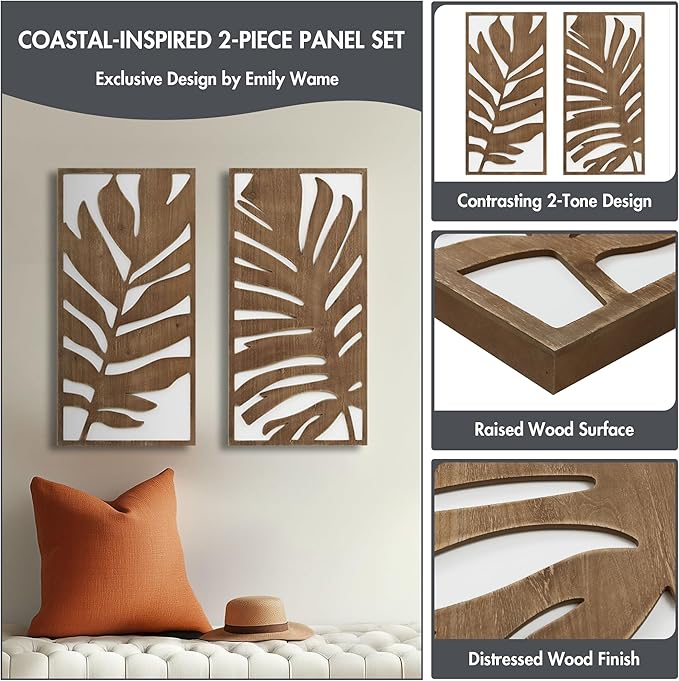 Madison Park Wall Décor for Living Room - Birch Botanical Two-Tone, Home Accent Modern Kitchen Dining Decoration, Ready to Hang 2-Piece Wood Panel Set for Bedroom, 16"W x 32"H, Monstera
