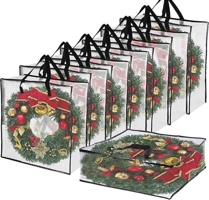 YEXEXINM 8 Pack Clear Christmas Wreath Storage Container, 26" Large Plastic Garland Container, Large Square Gift Bag Storage Organizer, Garland Decor Organizer