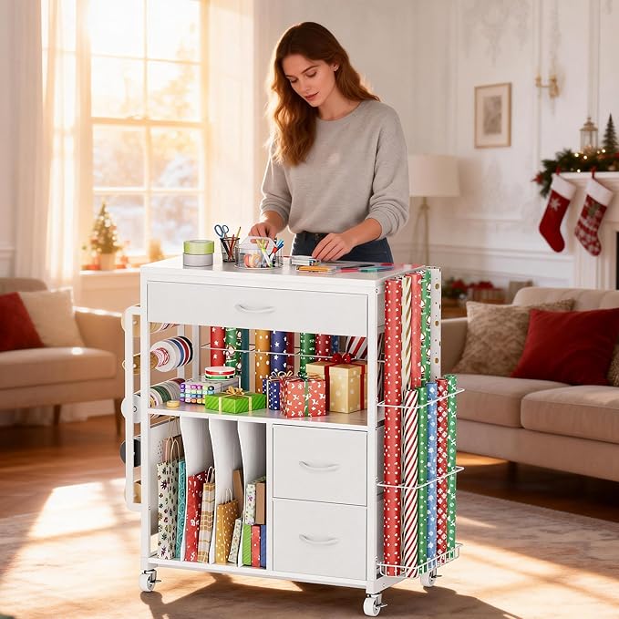 PUNLUXU Wrapping Paper Storage Cart, Rolling Gift Wrap Station with Ribbon and Gift Bag, Craft Organizer Holder, 03 MAX Patent Protected