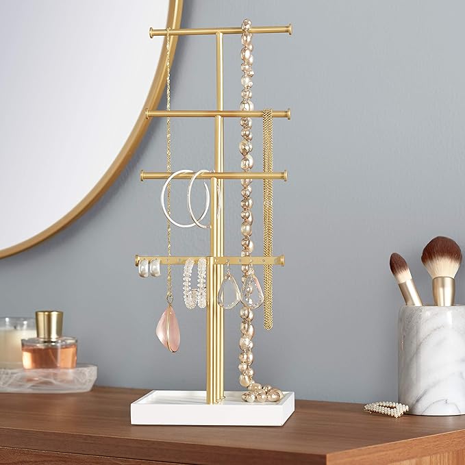 Amazon Basics Four-Tier Jewelry Organizer Tree Stand, Necklace Earring Bracelet Holder with Ring Storage, White/Brass