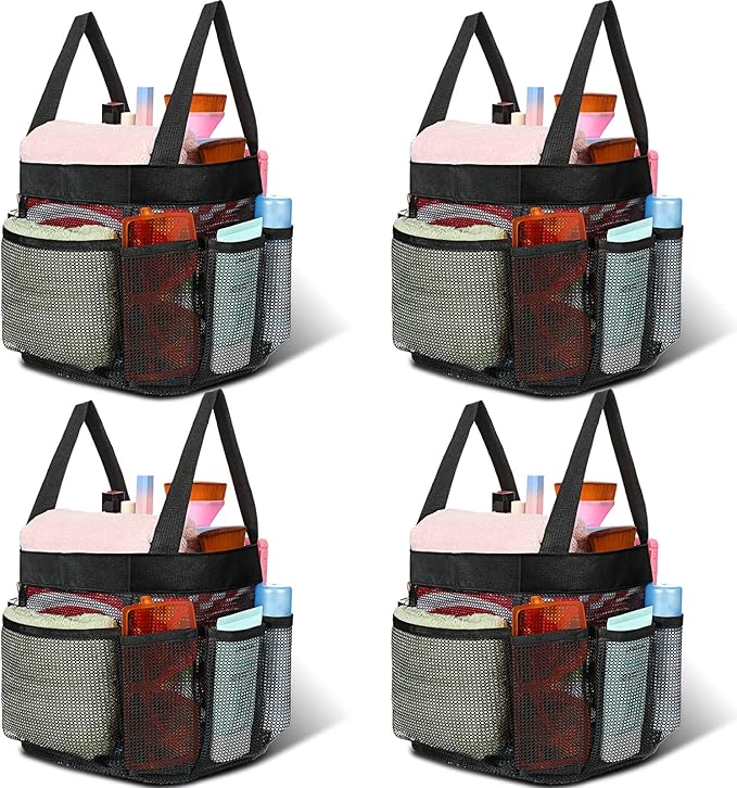 Hillban 4 Pcs Mesh Shower Caddy Portable Shower Caddy for Dorm Beach Mesh Bags with Deeper 8 Pockets and Handles Showers Caddies Basket for Women College Room Vacation(Black)