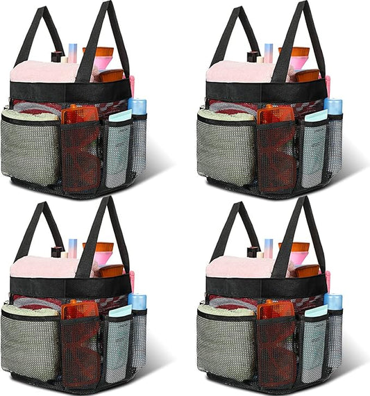 Hillban 4 Pcs Mesh Shower Caddy Portable Shower Caddy for Dorm Beach Mesh Bags with Deeper 8 Pockets and Handles Showers Caddies Basket for Women College Room Vacation(Black)