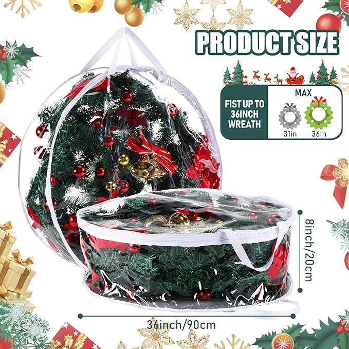 Shappy 6 Pcs 36 Inch Back to School Wreath Storage Container Clear Wreath Storage Bags PVC Waterproof Garland Bags with Clear Window Dual Zippers and Handles for Holiday Artificial Garland (White)