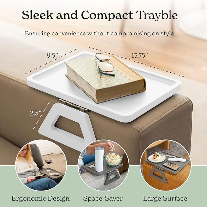 Shamrock Home Bamboo Trayble Couch Arm Table, Clip On Tray Sofa Table for Couches. Sofa Arm Tray, Armchair Table for TV Dinners, Remotes, Drinks and Snacks - 13.75 x 9.5inch, White