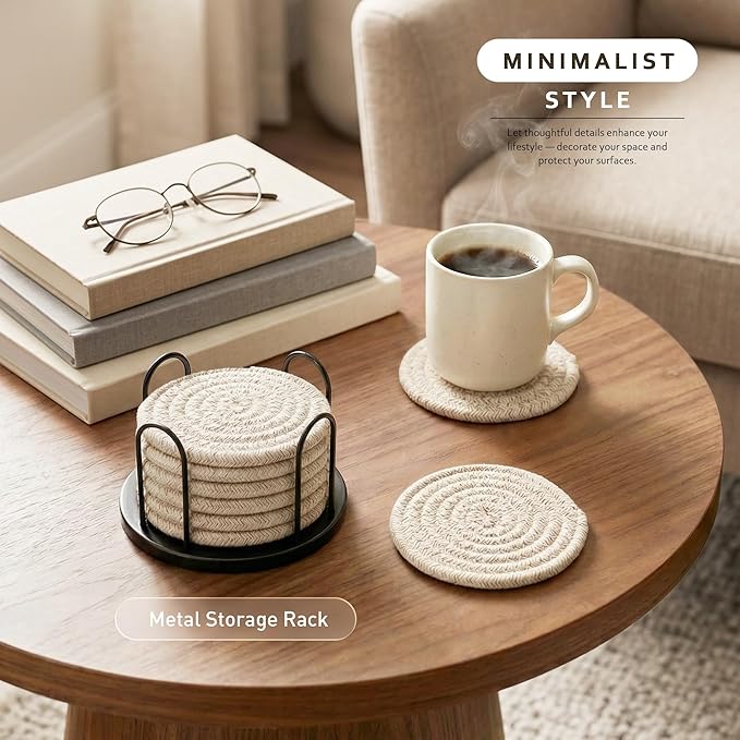 Lazebox Coasters Set of 8 for Drinks, Beer, Coffee, Cotton Woven Absorbent Coaster with Holder, Boho Coasters for Home Decor Tabletop Protection Suitable for Kinds of Cups, Brown