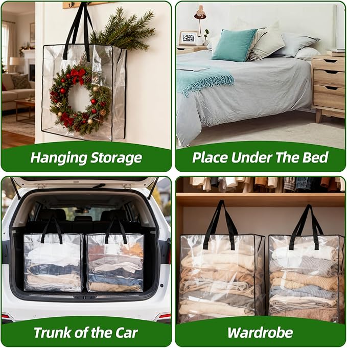 RAINFLOW Christmas Wreath Storage Bag - 3 PCS Moving Bags Heavy Duty for Christmas Decorations Garland Ornament Clothes Gift Pillow Toy Clear Storage Bag with Zipper Moving Supplies(24 inch)